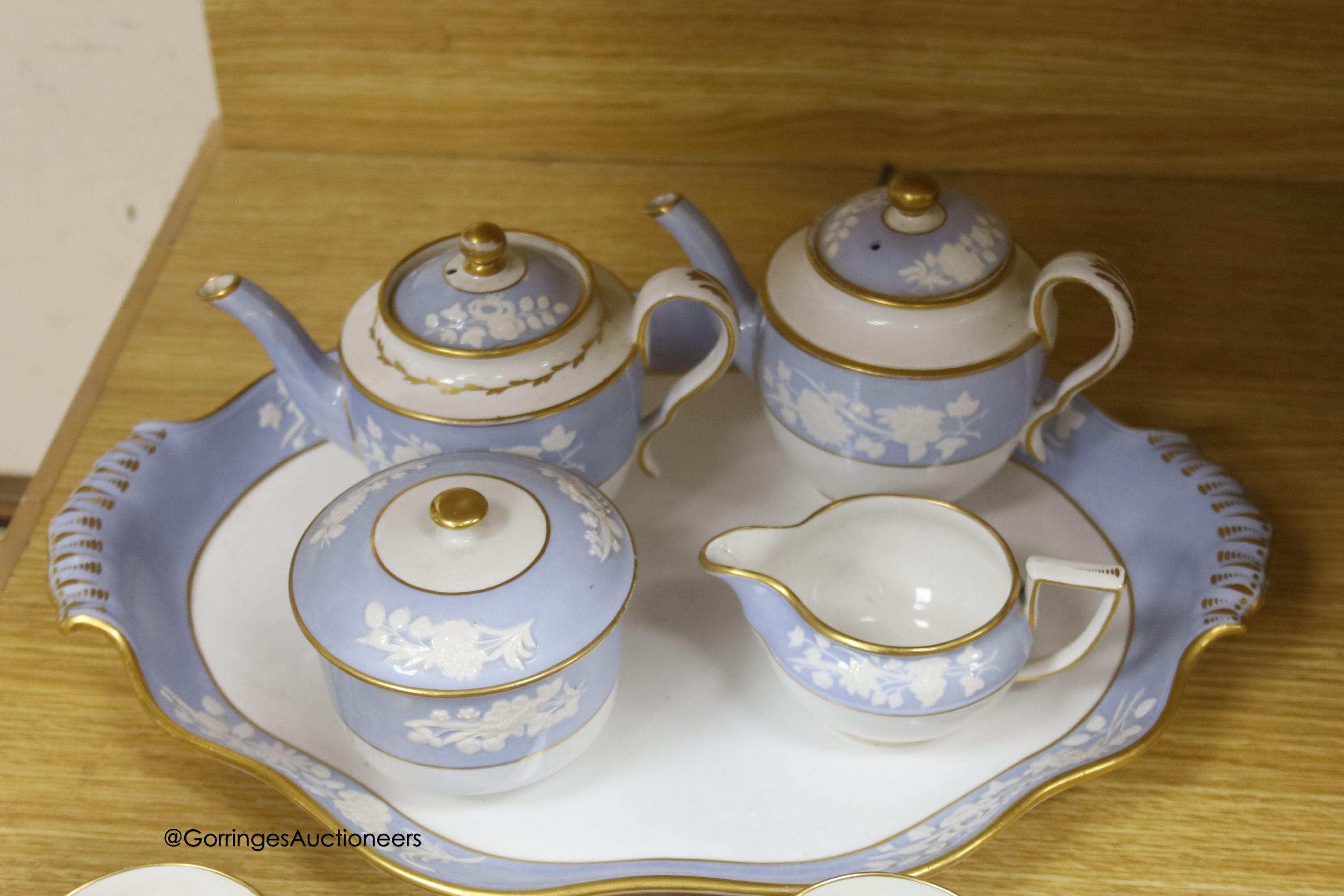 A Spode part tea and coffee set, with cabaret tray, c.1820, pattern no.2036, lidded sugar bowl is pattern 2010